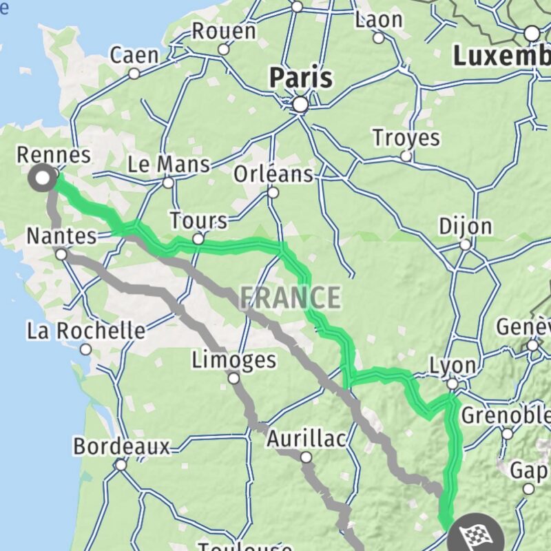 Carte routière avec itinéraire de Rennes à Marseille